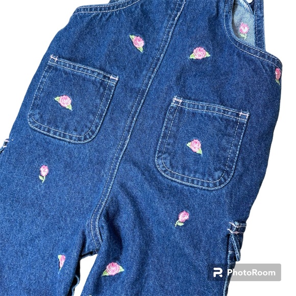 Vintage 90s Overalls Floral Embroidered Pink Roses Size 18 Months Denim - Picture 4 of 5